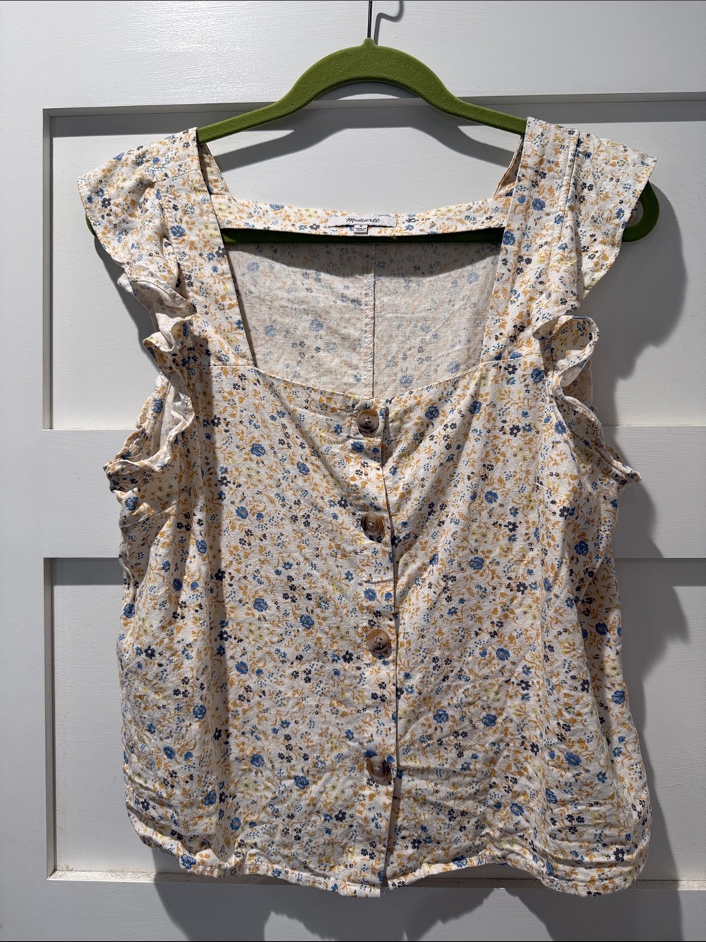 Madewell Cream Floral Button-Front Ruffle Camisole